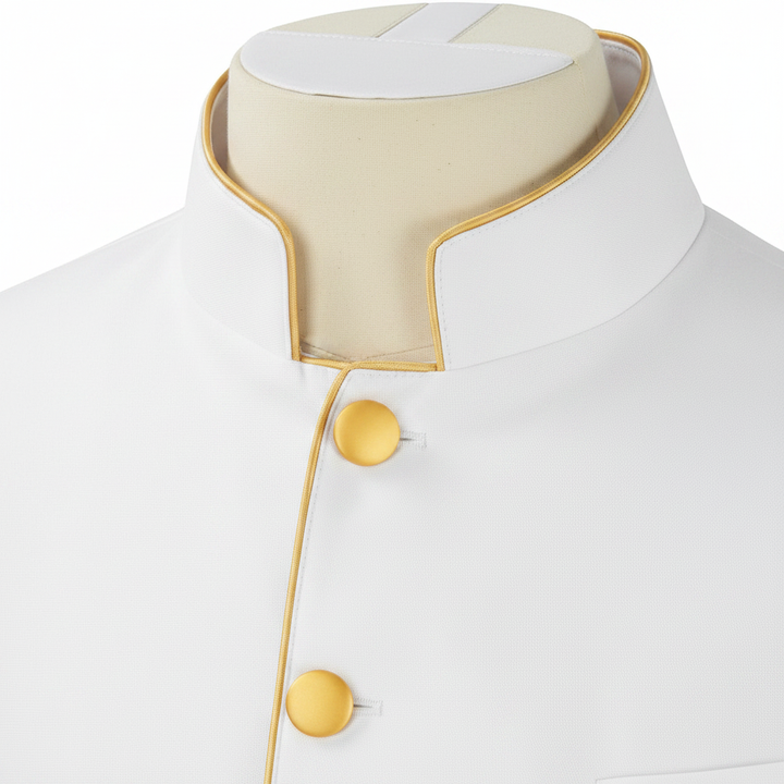 Close-up detail of white clergy frock coat stand collar with clergy tab and gold piping trim, white background