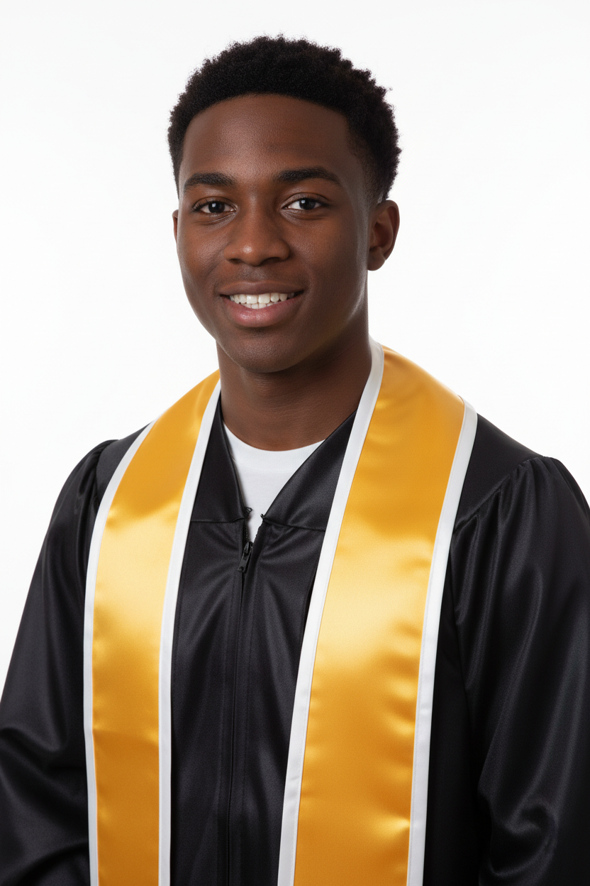 Gold Slanted Graduation Stole with White Trim model display