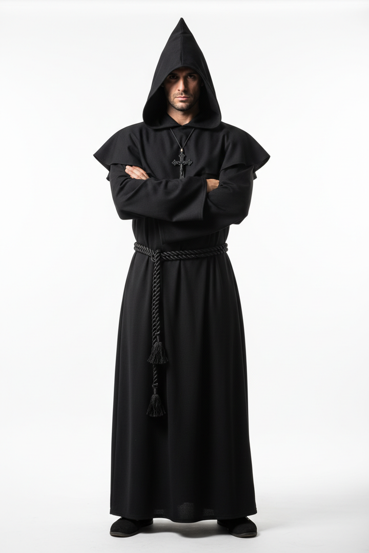 Male model wearing black medieval monk hooded robe with pointed hood and rope belt, full body front view, white background
