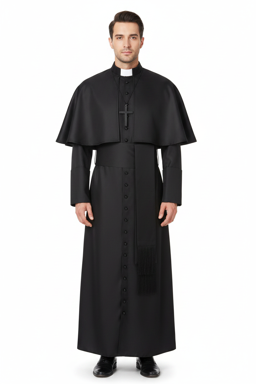 Male model wearing black clergy cape cassock robe set full body front view, white background