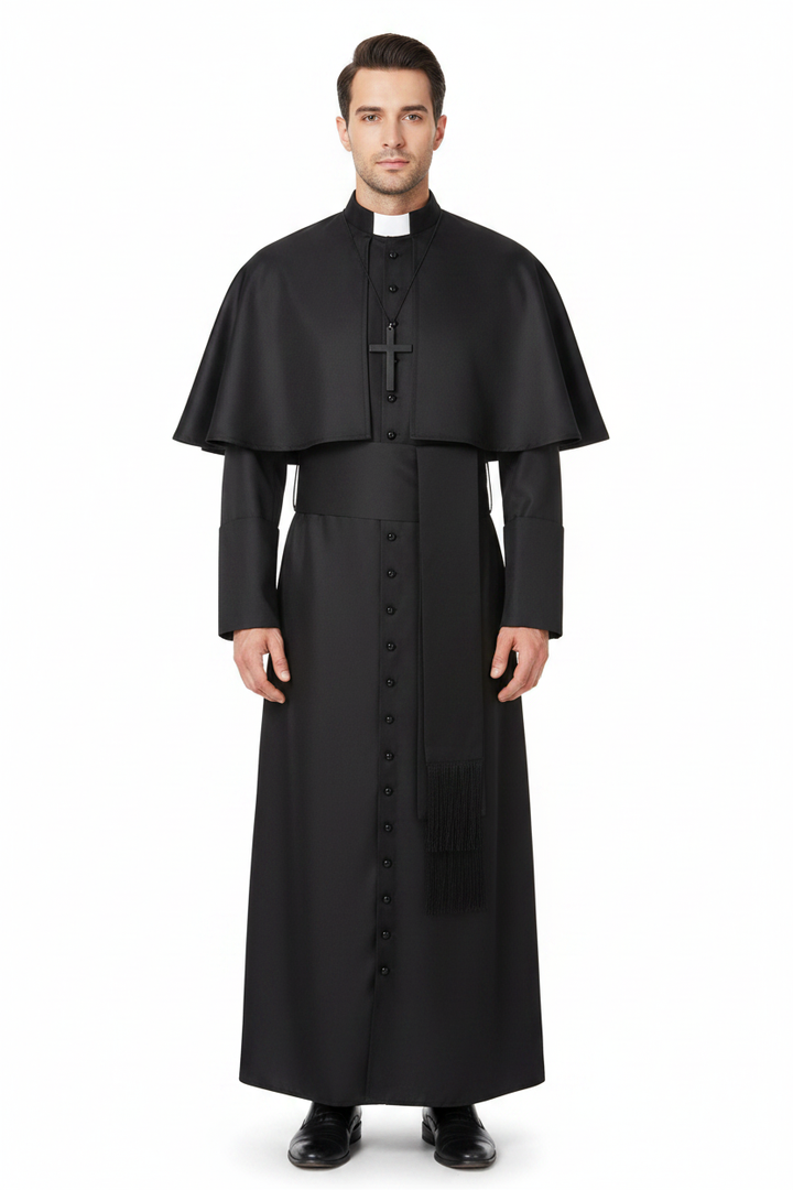 Male model wearing black clergy cape cassock robe set full body front view, white background