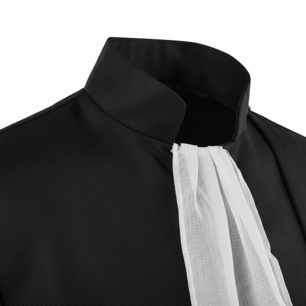 Close-up detail of black medieval barrister robe showing mandarin collar, jabot cravat and button front, white background
