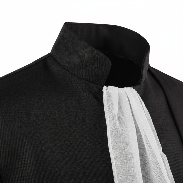 Close-up detail of black medieval barrister robe showing mandarin collar, jabot cravat and button front, white background