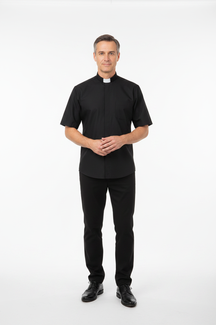 Model wearing black short sleeve clergy shirt with white tab collar, white background