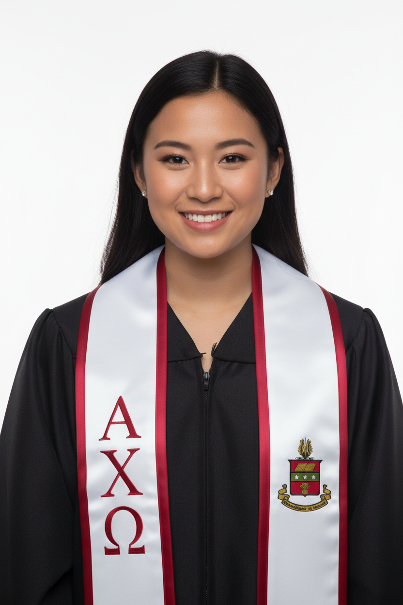 Alpha Chi Omega Trimmed Greek Lettered Graduation Stole w/ Crest model display