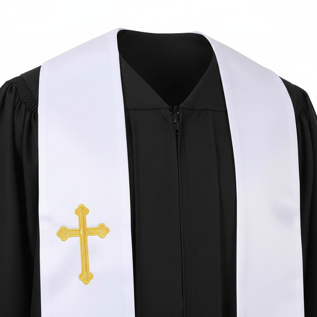 Close-up detail of black clergy robe showing V-neckline front zipper and white satin stole with gold cross embroidery, white background