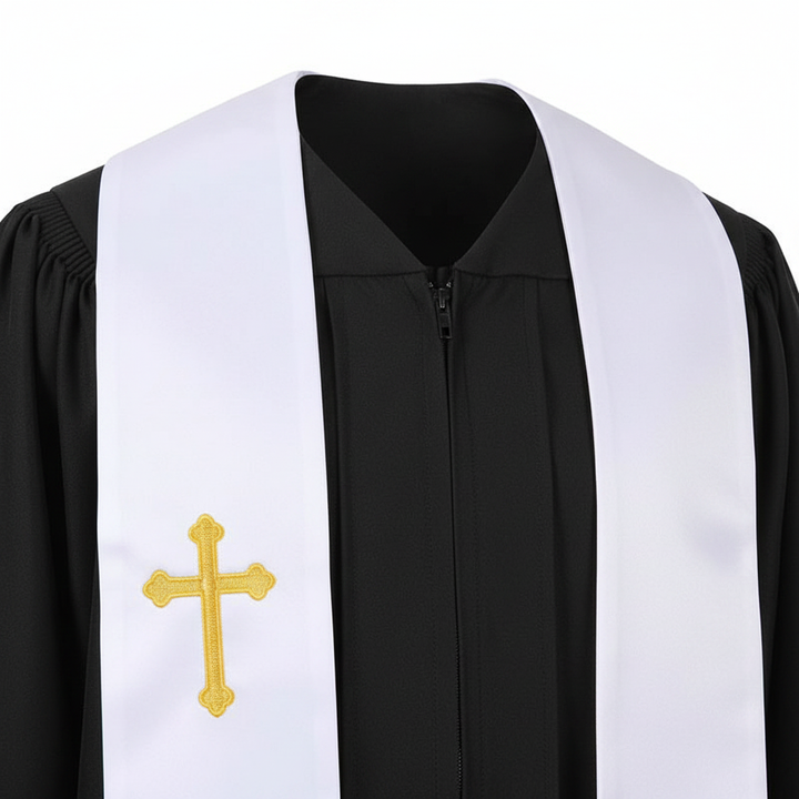 Close-up detail of black clergy robe showing V-neckline front zipper and white satin stole with gold cross embroidery, white background