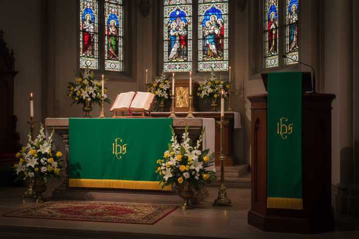 Church altar and pulpit decorated with green liturgical paraments with IHS embroidery and gold fringe, candlelight and stained glass, cinematic atmosphere
