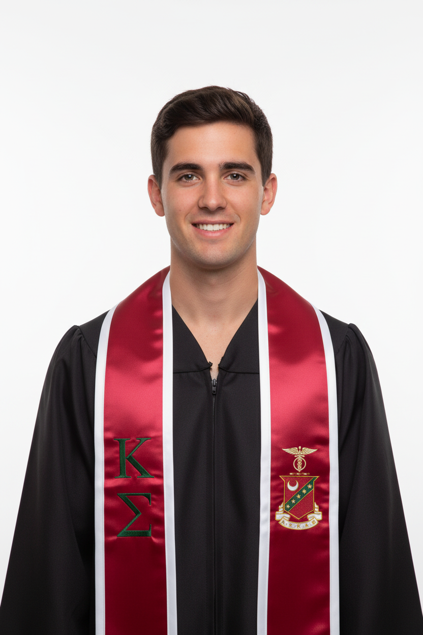 Kappa Sigma Trimmed Greek Lettered Graduation Stole w/ Crest model display