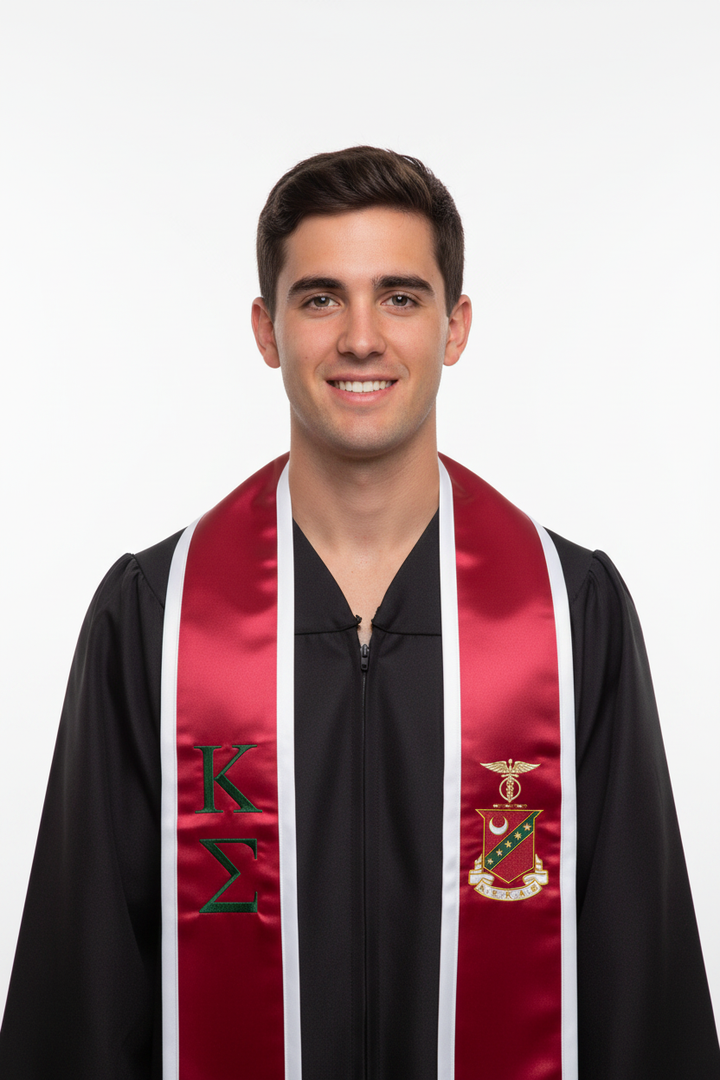 Kappa Sigma Trimmed Greek Lettered Graduation Stole w/ Crest model display
