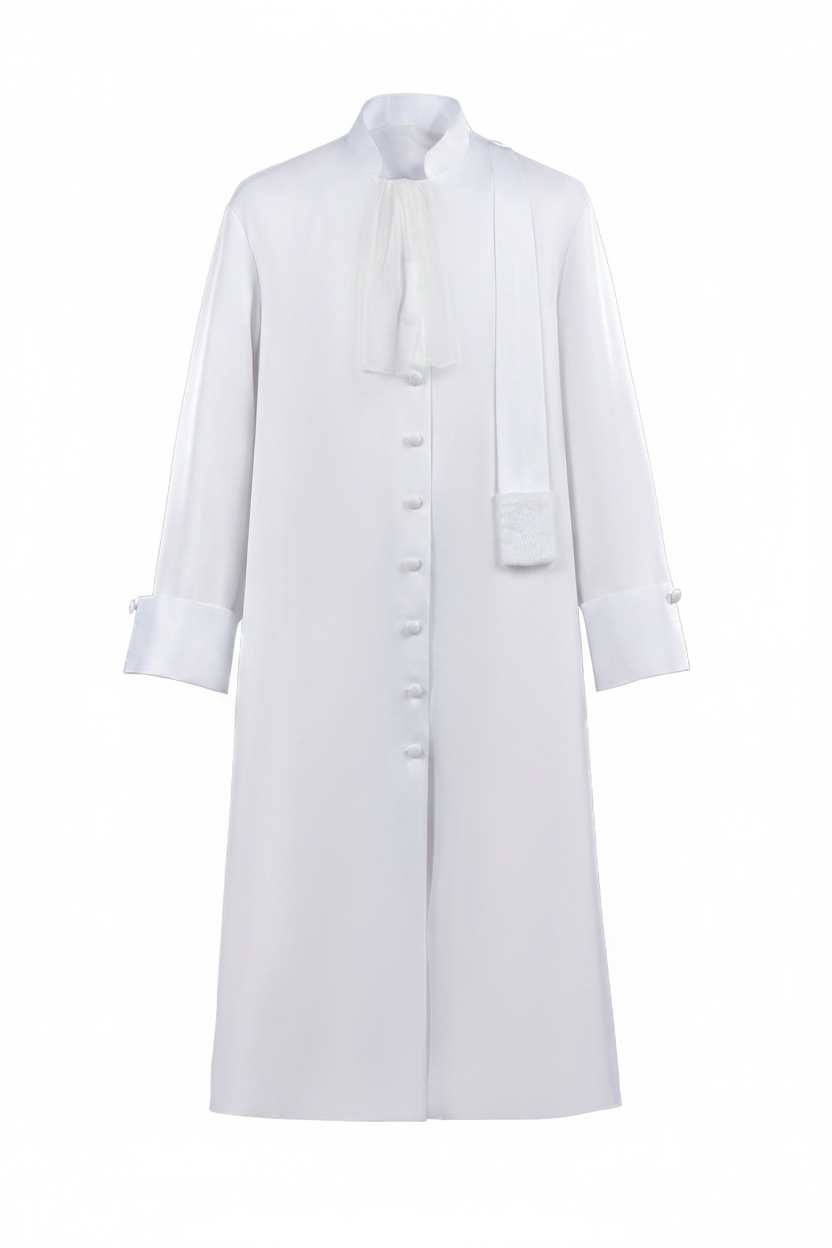 White medieval barrister robe with white jabot collar, invisible mannequin display, pure white background