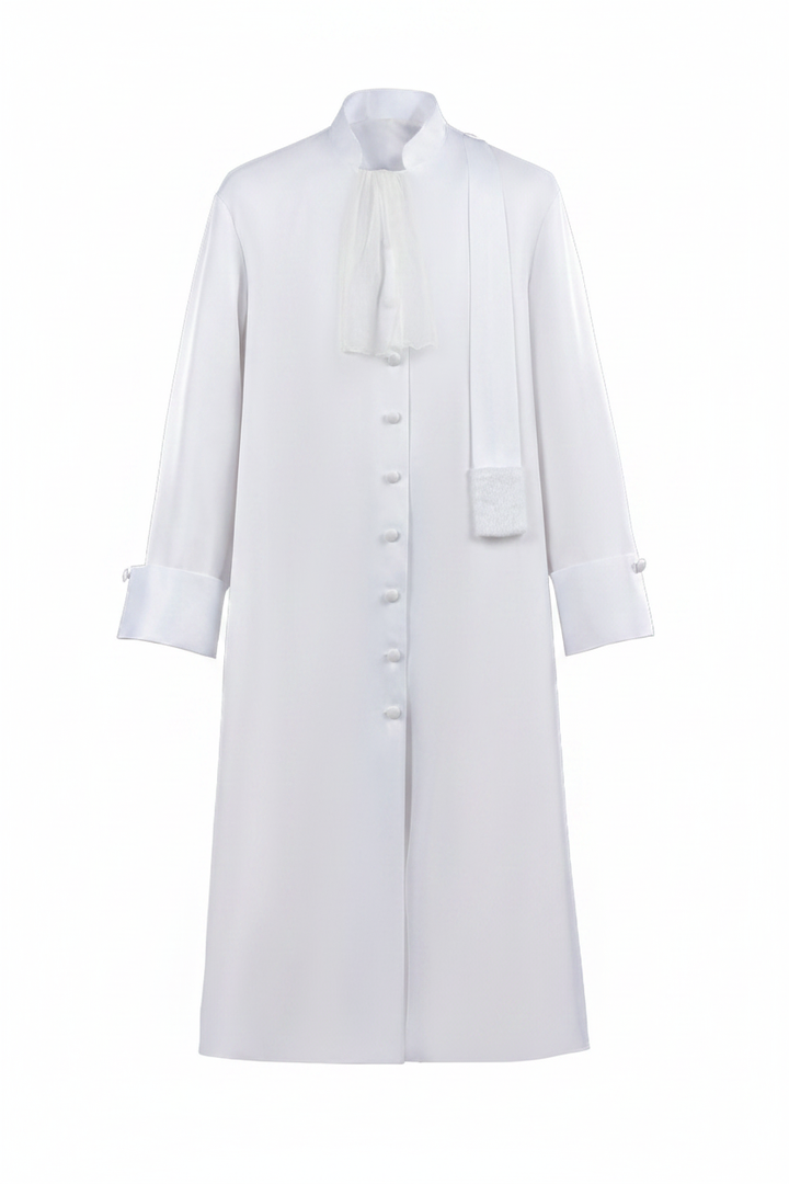 White medieval barrister robe with white jabot collar, invisible mannequin display, pure white background