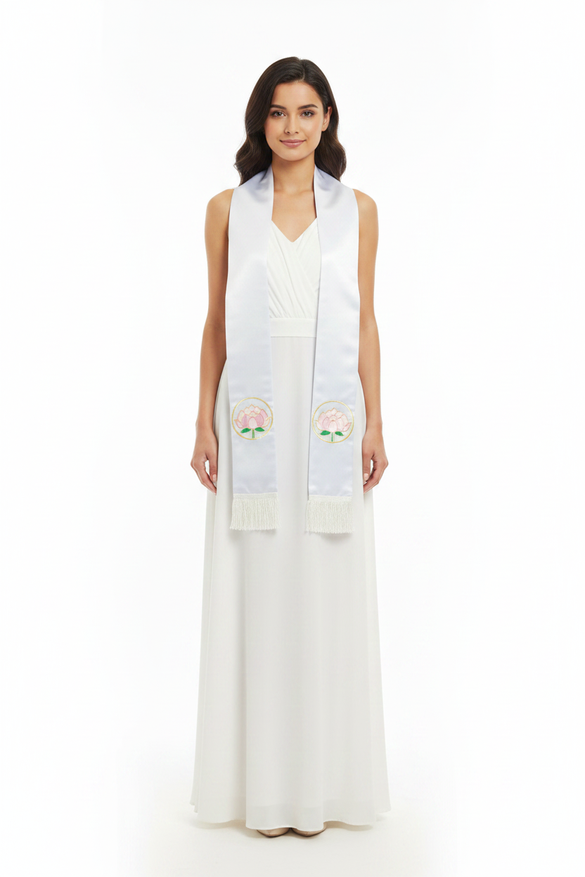 Female model wearing white satin clergy stole with lotus embroidery draped over shoulders, full body front view, white background