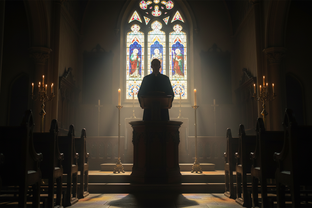 Atmospheric church interior scene with minister wearing black cassock robe at wooden pulpit, candlelight and stained glass window, solemn reverent atmosphere