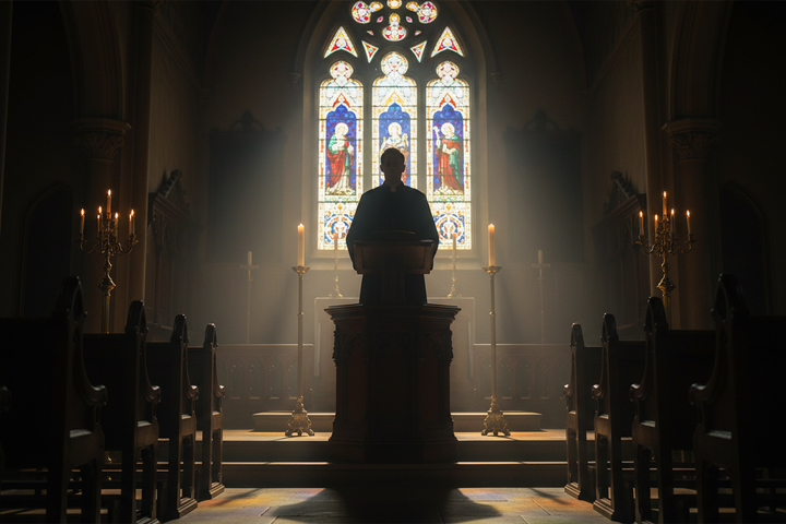 Atmospheric church interior scene with minister wearing black cassock robe at wooden pulpit, candlelight and stained glass window, solemn reverent atmosphere