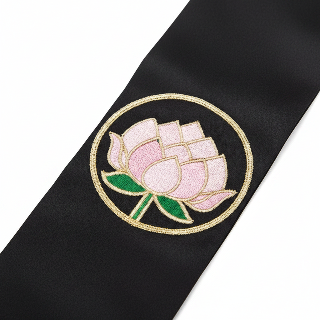 Close-up detail of black clergy stole showing pink lotus flower embroidery inside gold circle ring with black fringe tassels, white background