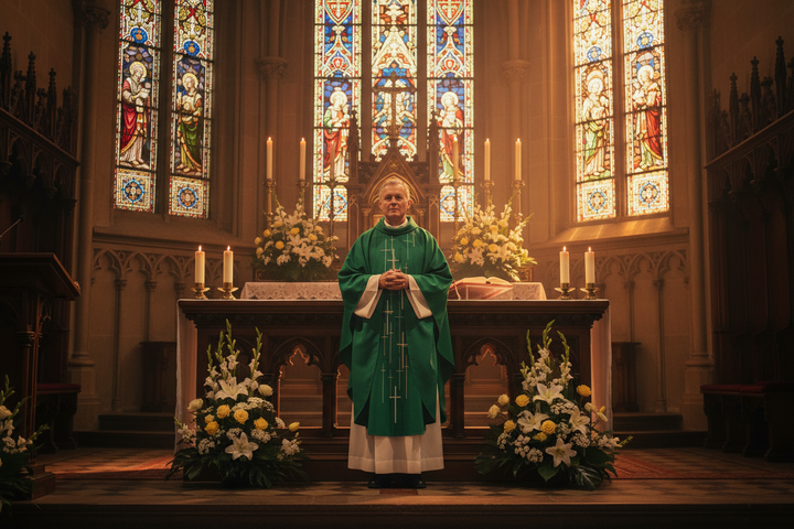 Catholic priest wearing green chasuble vestment at church altar with candles and stained glass, cinematic atmosphere