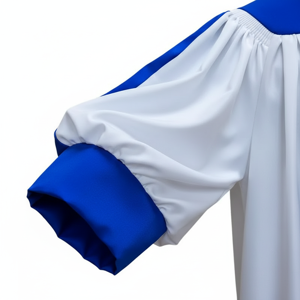 Close-up detail of white choir robe puff sleeve showing gathered balloon sleeve and royal blue cuff trim band at wrist, white background