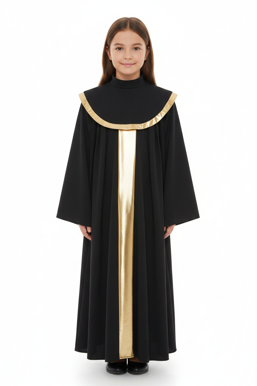 Child model wearing black choir robe with gold center stripe and gold cape collar, white background