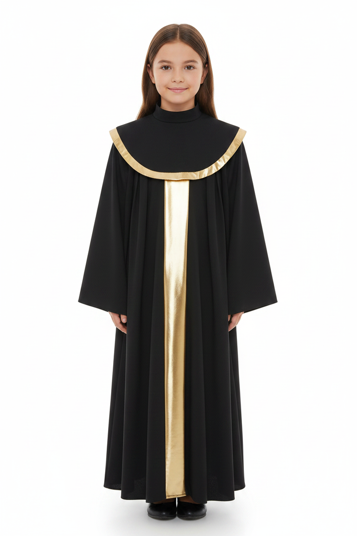 Child model wearing black choir robe with gold center stripe and gold cape collar, white background