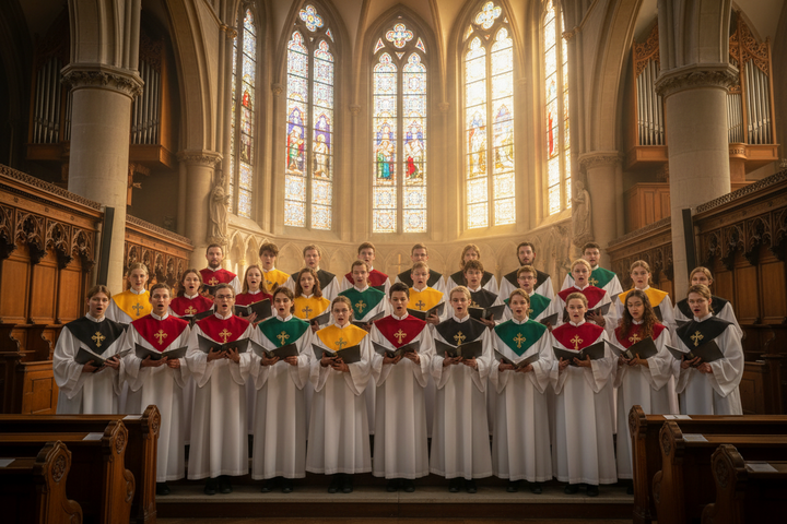 Church choir group wearing white robes with colorful yokes in church interior atmosphere