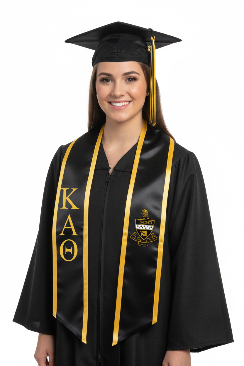 Kappa Alpha Theta Trimmed Greek Lettered Graduation Stole w/ Crest model display