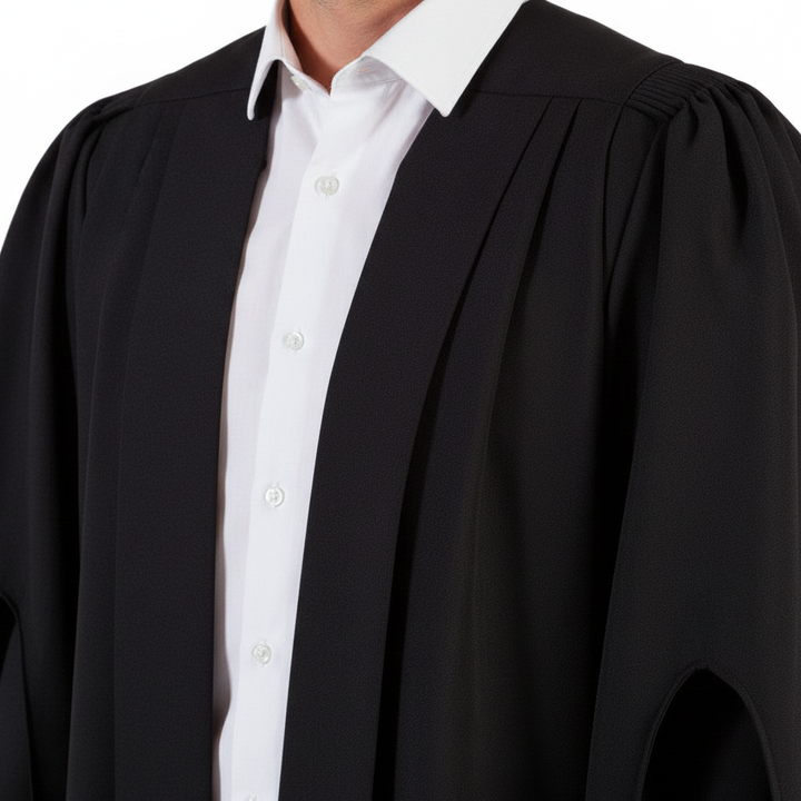 UK British Luxury Master's Graduation Gown - Front Neckline and Sleeve Detail