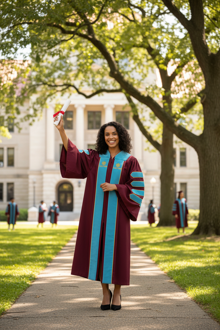 PhD graduate in maroon doctoral gown celebrating on university campus