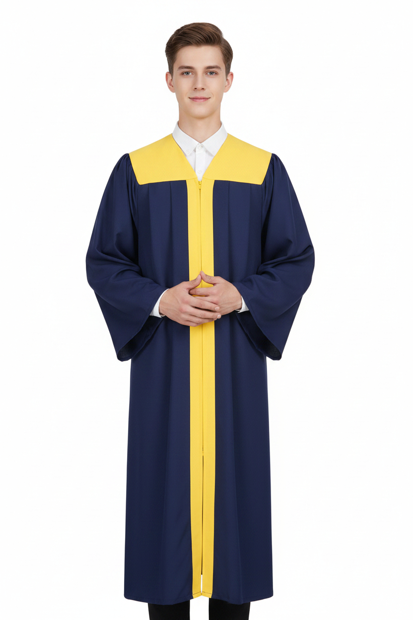 Male model wearing navy blue choir robe with yellow-gold yoke and panels, full body front view, white background