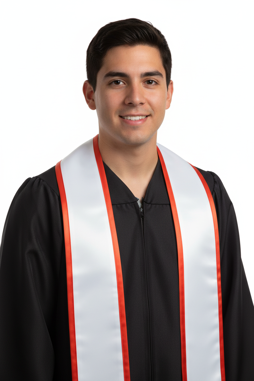 White Slanted Graduation Stole with Orange Trim model display