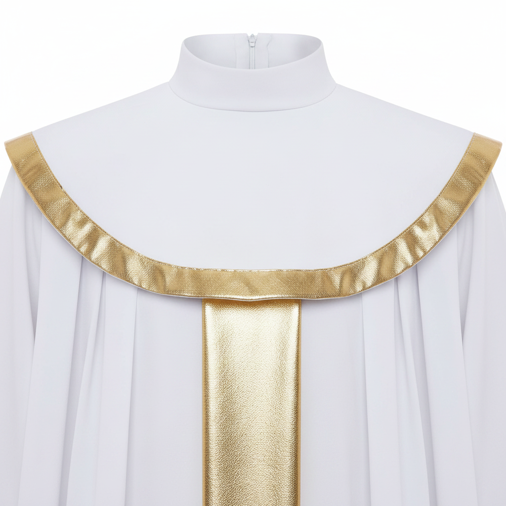 Close-up detail of white choir robe gold center stripe and gold cape collar trim, white background