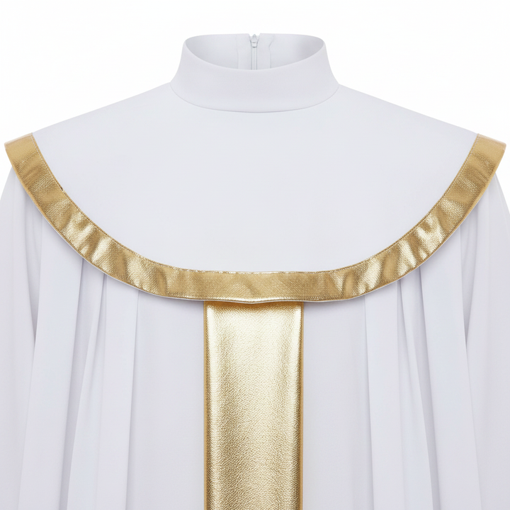Close-up detail of white choir robe gold center stripe and gold cape collar trim, white background