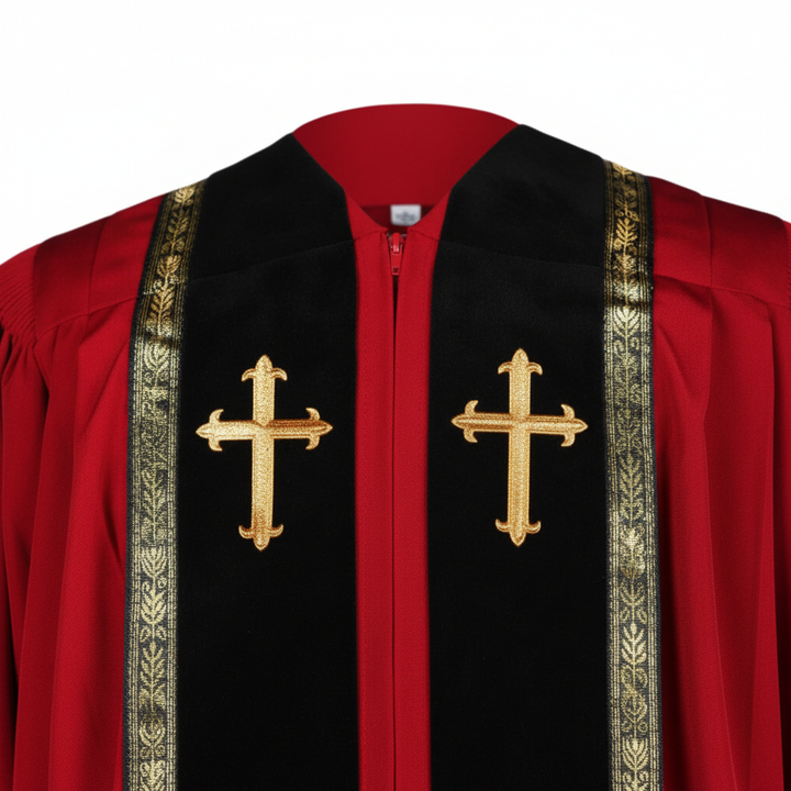 Close-up detail of clergy robe chest showing two gold cross badges on black velvet stole panel with gold wheat brocade trim, white background