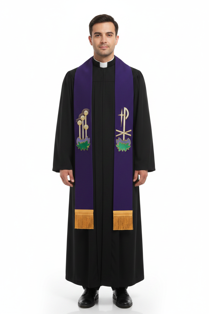 Male model wearing the purple side of the reversible clergy stole over a black cassock, full body front view, white background