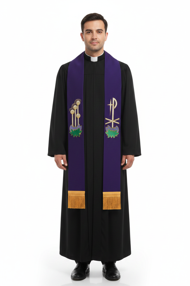 Male model wearing the purple side of the reversible clergy stole over a black cassock, full body front view, white background