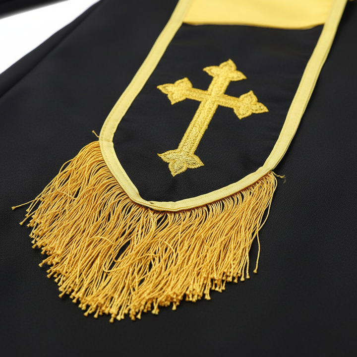 Close-up detail of gold clergy stole with cross embroidery and gold fringe tassels, white background