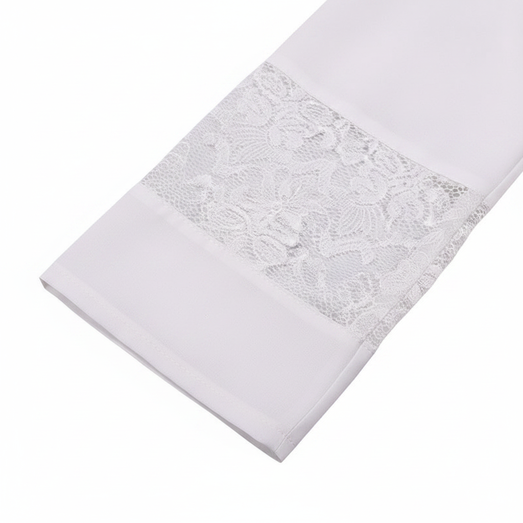 Close-up detail of Style B alb robe showing white lace panel insert at cuff, white background