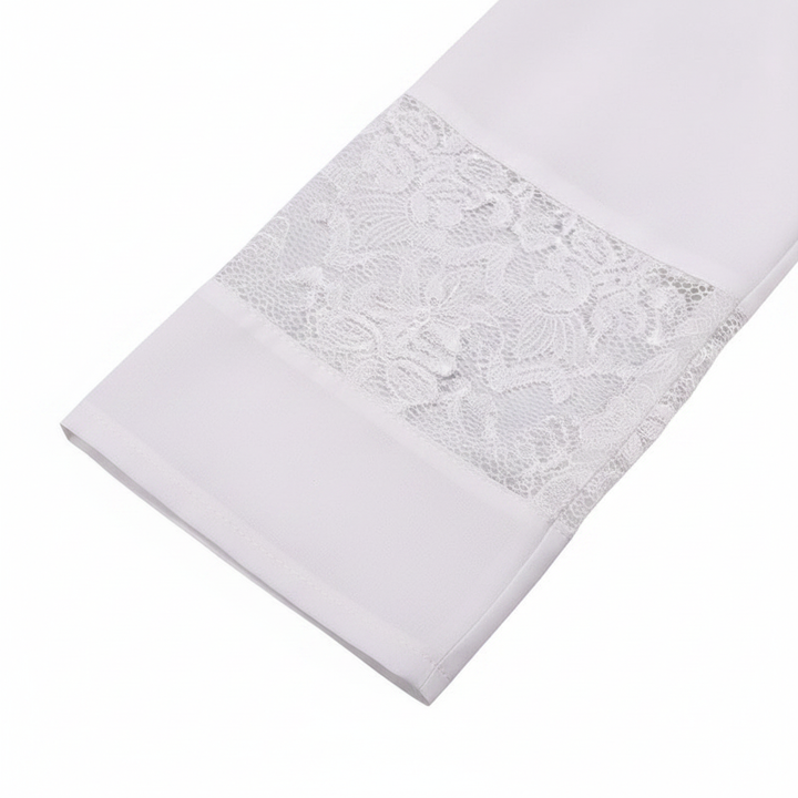 Close-up detail of Style B alb robe showing white lace panel insert at cuff, white background
