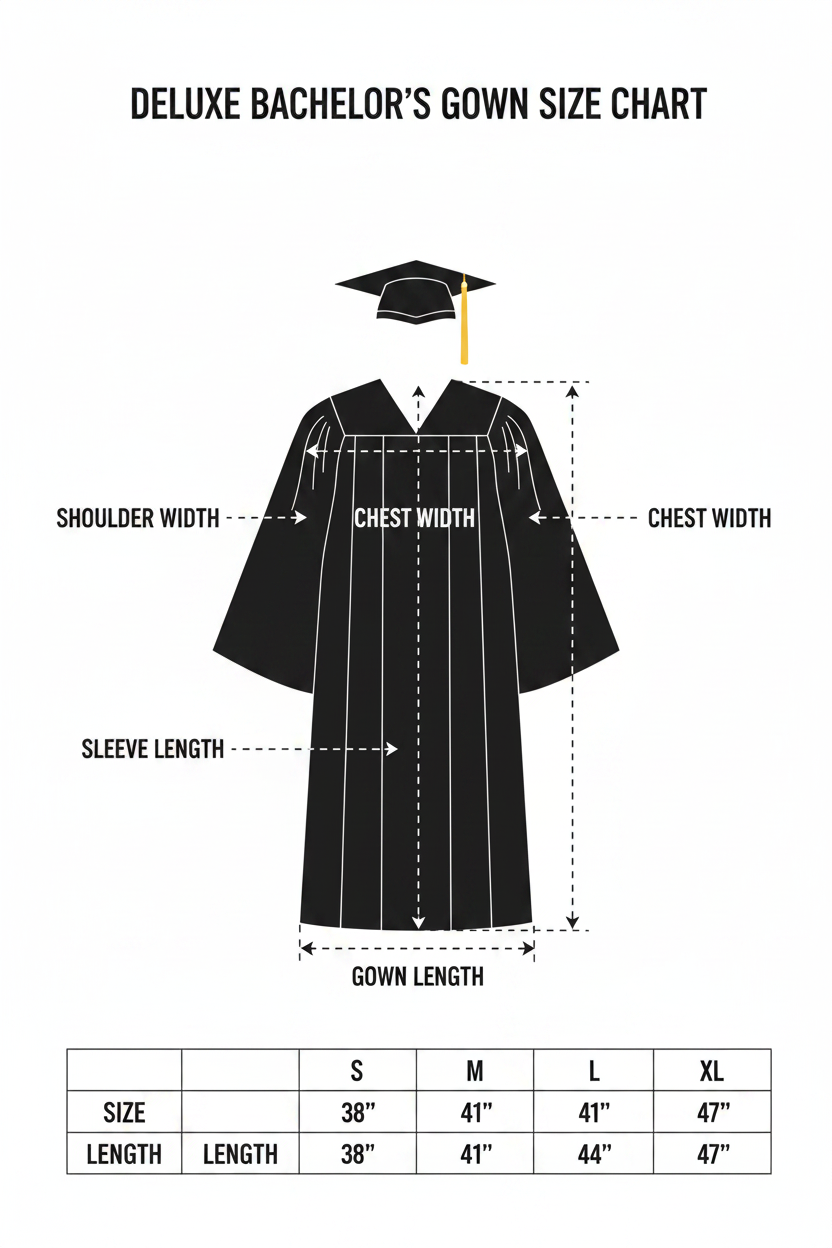 Deluxe bachelor graduation gown size reference chart
