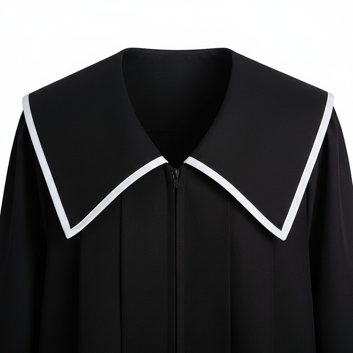 Close-up detail of black open-front choir robe square sailor collar with white trim, macro shot, white background