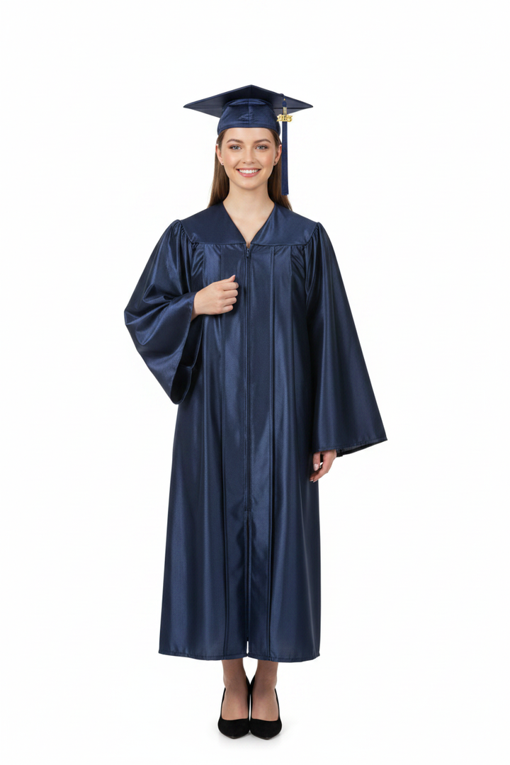 Shiny Navy Blue High School Cap & Gown - Model Shot