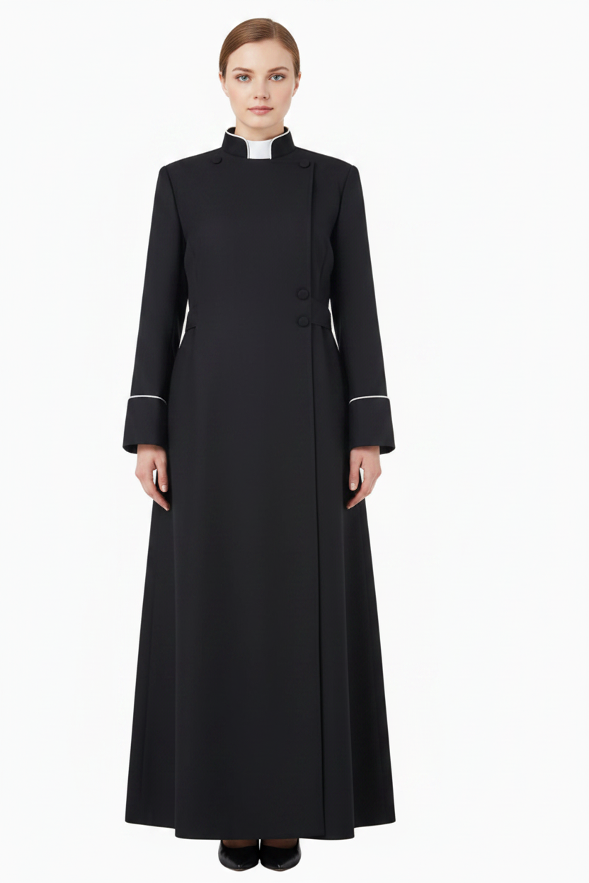 Black Medieval Clergy Cassock Robe - Model Front View White Background