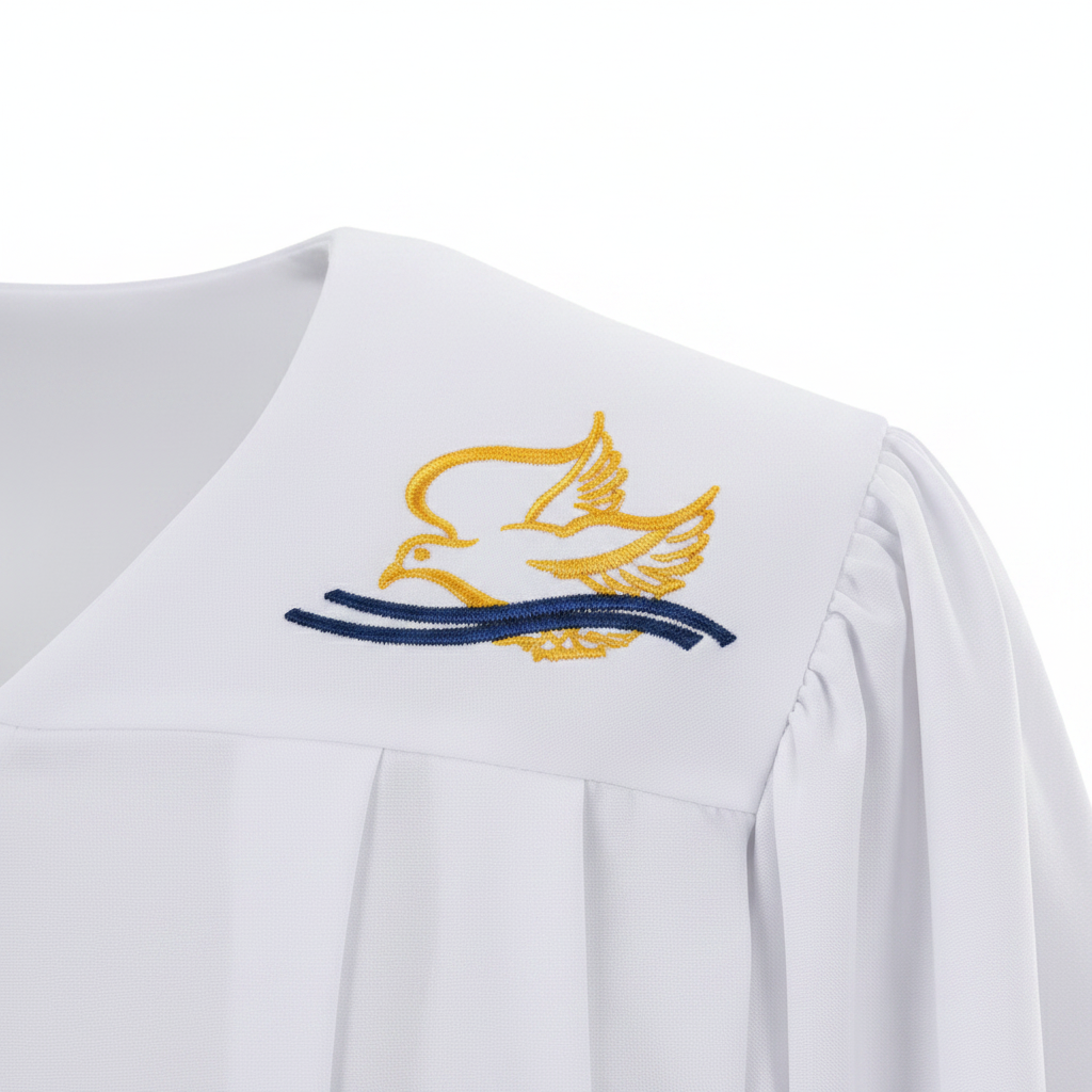 Close-up detail of white choir gown left shoulder showing gold dove embroidery badge, white background