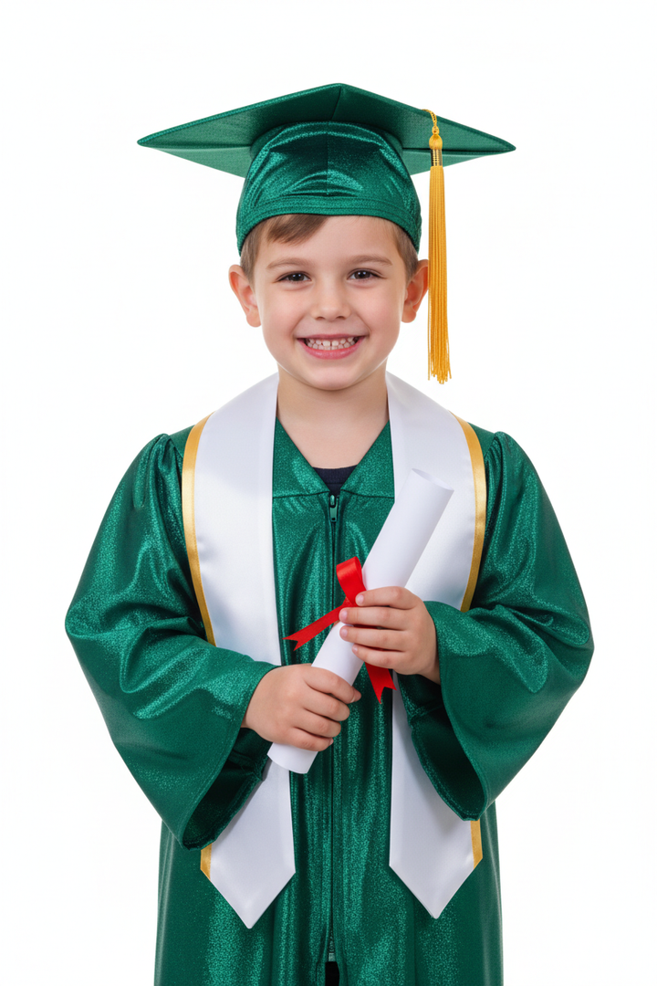 Shiny Emerald Green Kindergarten/Preschool Gown - Model Shot