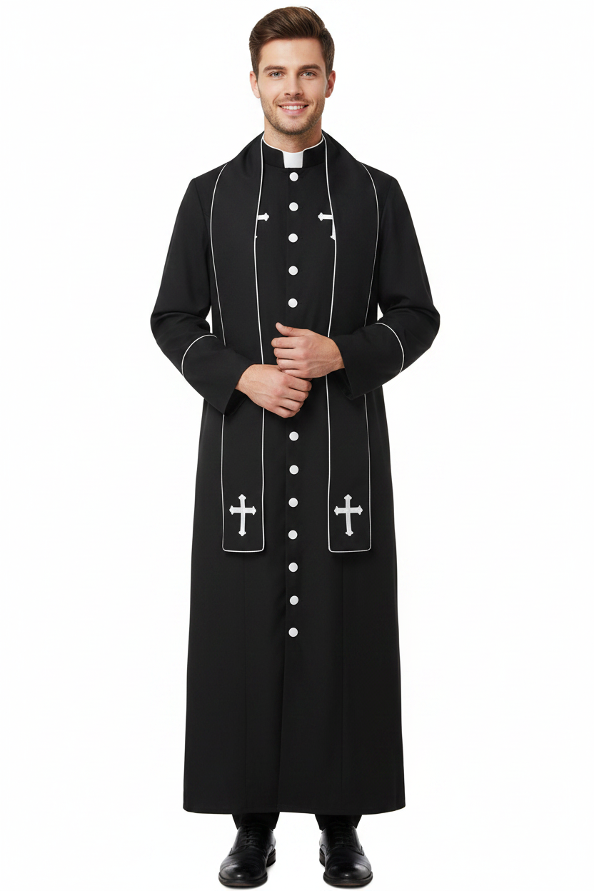 Male model wearing black clergy cassock robe with stole, stand collar cross embroidery, full body front view, white background