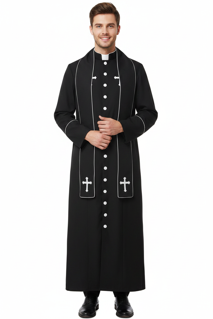 Male model wearing black clergy cassock robe with stole, stand collar cross embroidery, full body front view, white background
