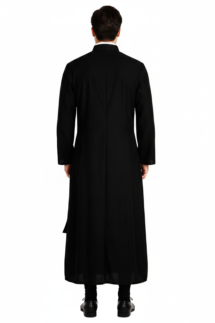 Male model wearing black priest cassock robe showing back view, full body, white background