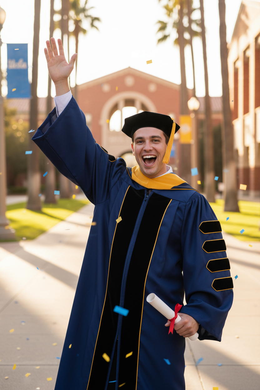 PhD graduate in full UCLA doctoral regalia celebrating on campus