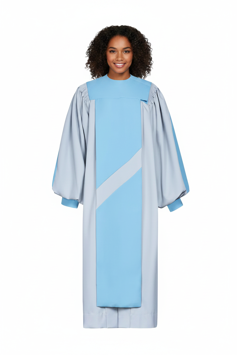 Premium Two-Tone Lantern Sleeve Choir Robe - Silver & Blue