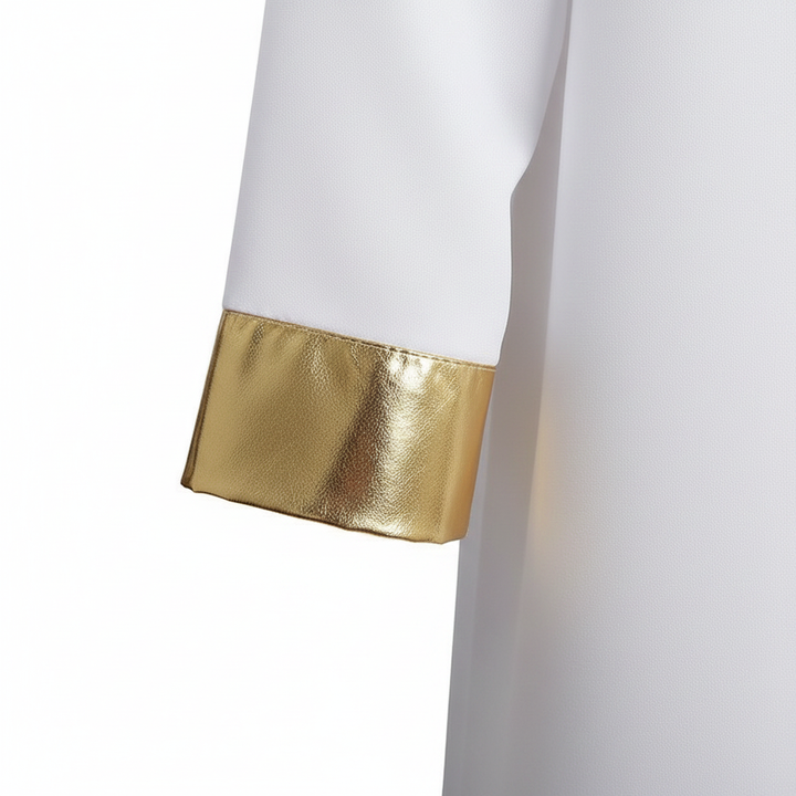 Close-up detail of white choir robe sleeve with wide metallic gold cuff trim band, macro shot, white background